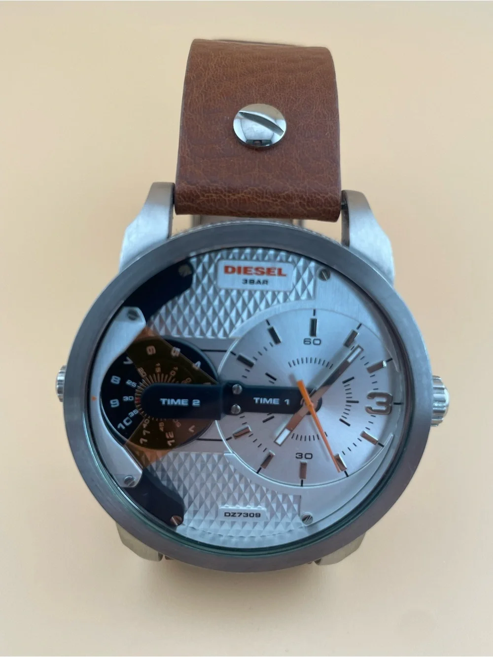 Diesel Silver Dial Watch with Orange Accents and Brown Leather Strap